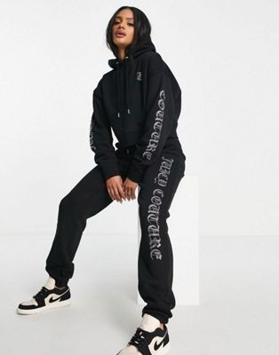 Juicy Couture co-ord diamante graphic fleece hoodie and joggers set in black