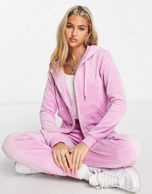 Juicy Couture co-ord velour joggers and zip through hoodie in orchid pink