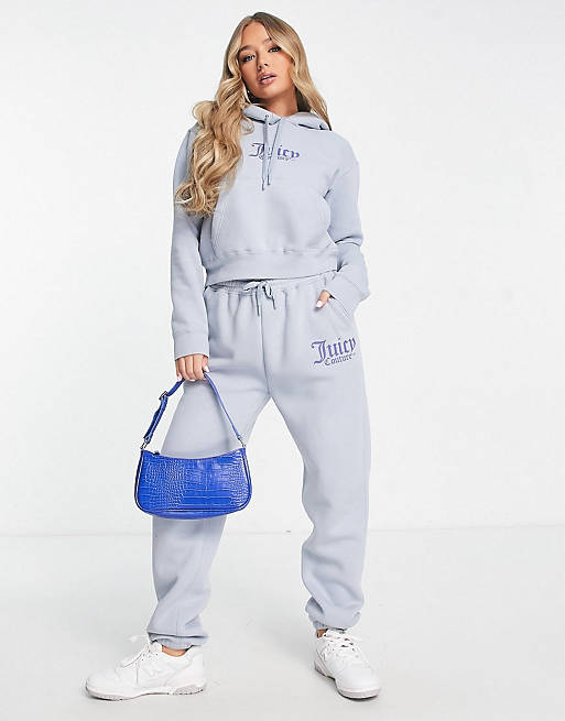 Juicy Couture - Coordinato blu con logo con felpa con cappuccio in pile e pantaloni della tuta con polsini