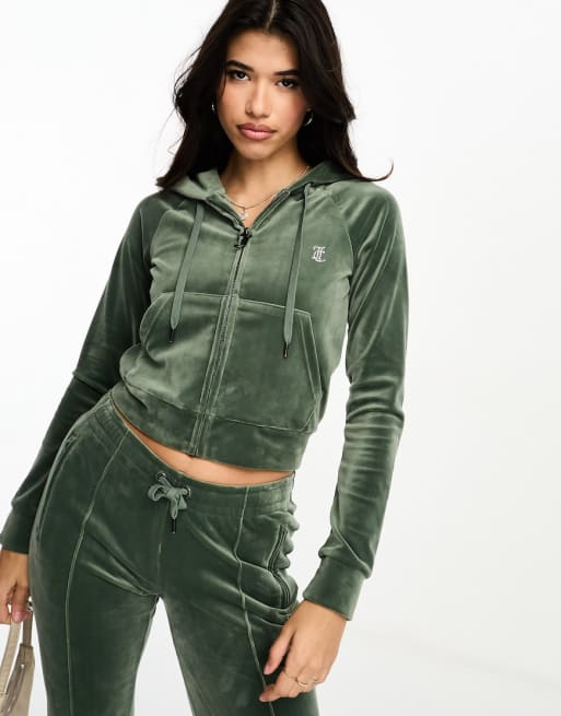 Juicy Couture - Coordinato con joggers dritti e felpa con cappuccio in velour verde scuro