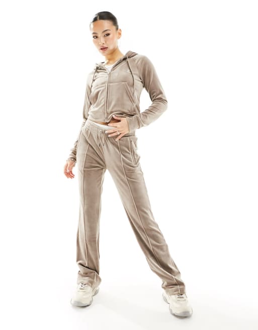 Juicy Couture diamante logo velour straight leg trackies and hoodie set in mink