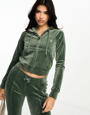 Juicy Couture - Ensemble jogger droit et sweat à capuche en velours - Vert foncé