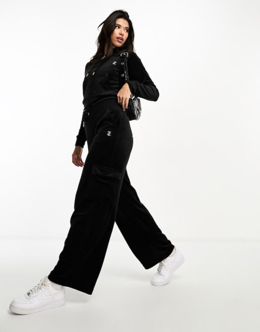 Juicy Couture velour straight leg joggers and hoodie co-ord in black