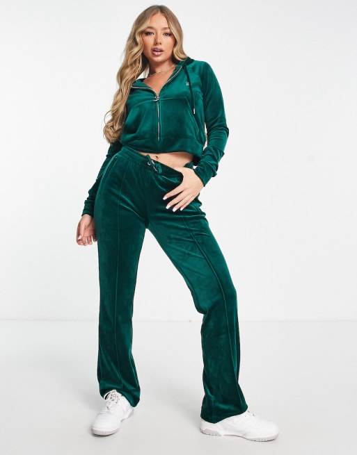 Juicy Couture velour straight leg joggers and zip through hoodie in green ASOS