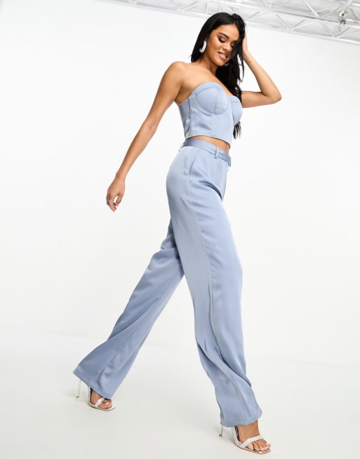 Kaiia bandeau satin corset top and pants set in blue | ASOS