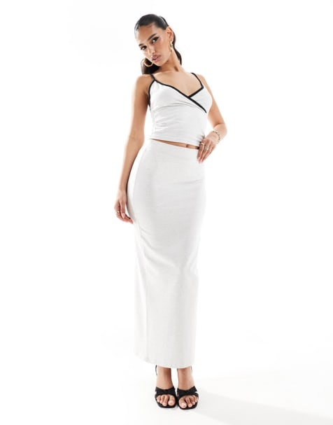 Kaiia contrast trim detail cami top and maxi skirt co-ord in light grey - view 1