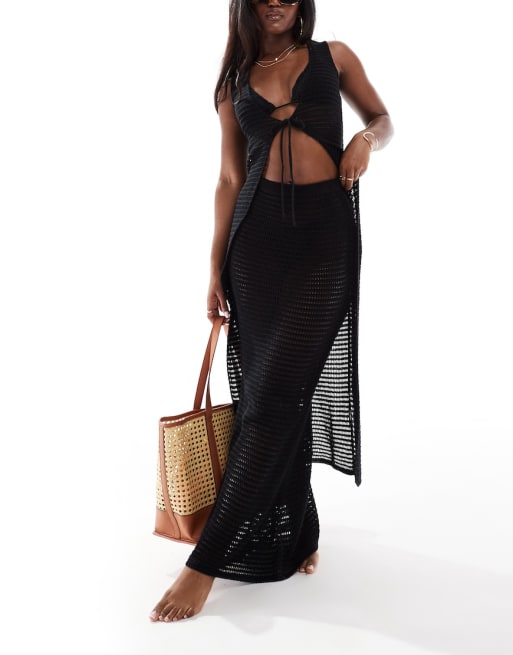 Kaiia - Coordinato da mare in maglia all'uncinetto nero con top lungo allacciato sul davanti e gonna
