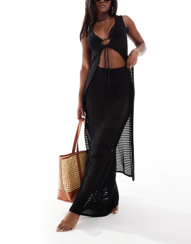 Kaiia - crochet knit tie front maxi top and beach skirt co-ord in black