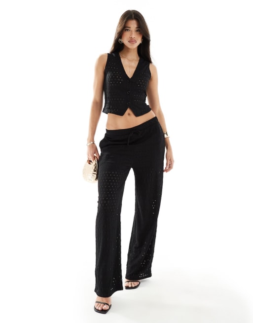 Kaiia crochet knit waistcoat and wide leg pants set in black