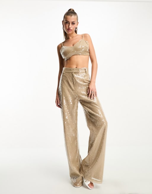 Kaiia cropped cami top and wide leg trouser co ord in gold sequin