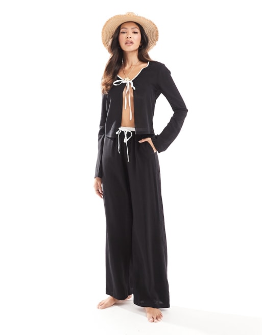 Kaiia - Ensemble de plage en lin à bords contrastants avec chemise nouée sur le devant et pantalon - Noir