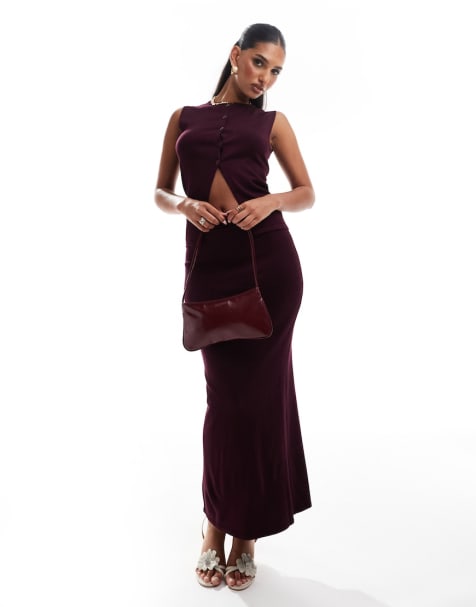 Kaiia fine knit button through longline waistcoat and maxi skirt set in burgundy - view 1