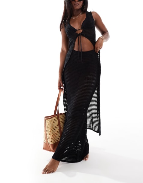 Kaiia - Gehaakte co-ord strandset van top met gestrikte voorkant en maxi rok in zwart - view 1