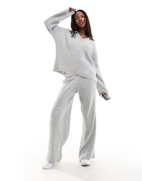 Kaiia knitted sweater and wide leg pants set in gray - view 1