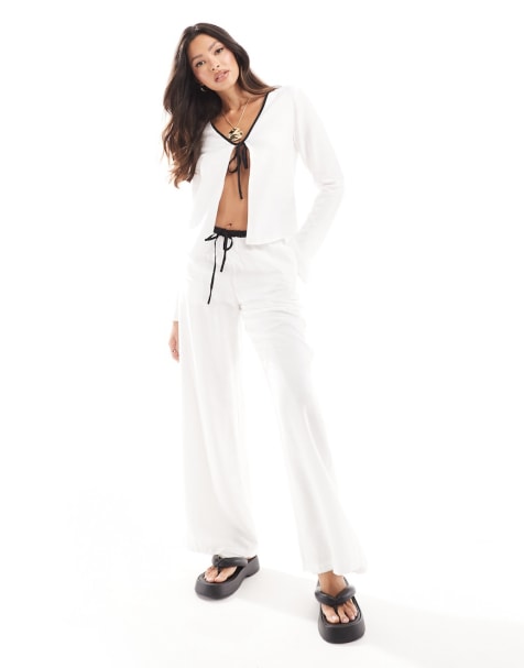 Kaiia linen contrast trim tie front beach shirt and pants set in white - view 1