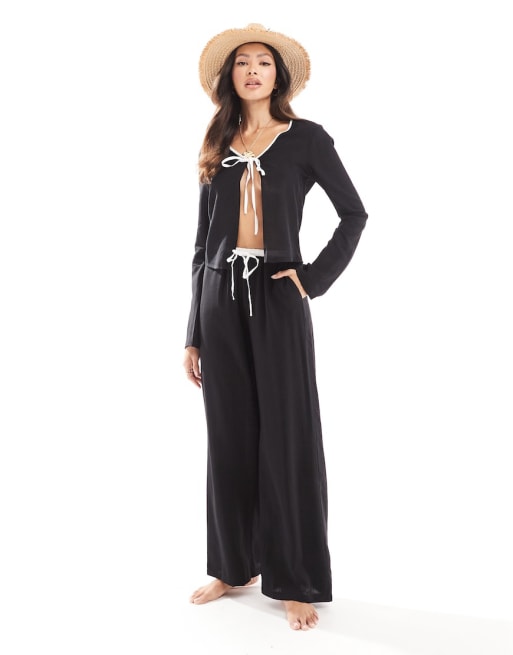 Kaiia linen contrast trim tie front beach shirt and trouser co-ord in black