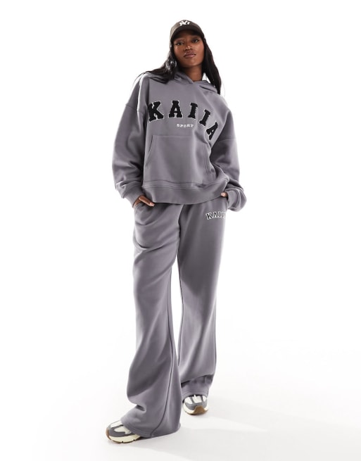 Kaiia oversized logo hoodie and wide leg sweatpants set in dark gray