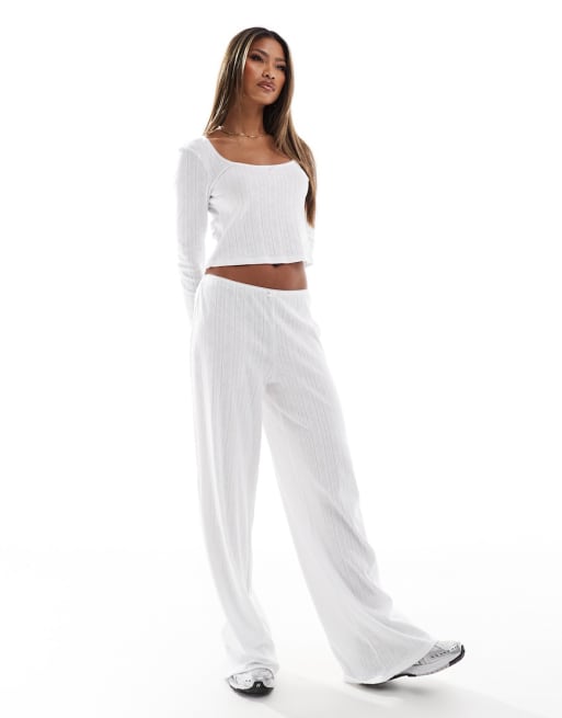 Kaiia pointelle ribbed bow detail round neck top and wide leg pants