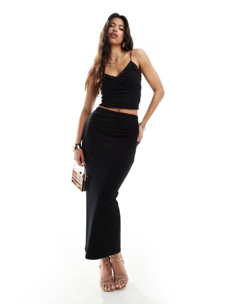 Kaiia ribbed bow detail cami top and midaxi skirt co-ord in black - view 1