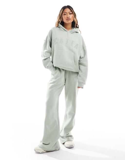 Kaiia ribbed oversized logo hoodie and jogger co-ord in sage green