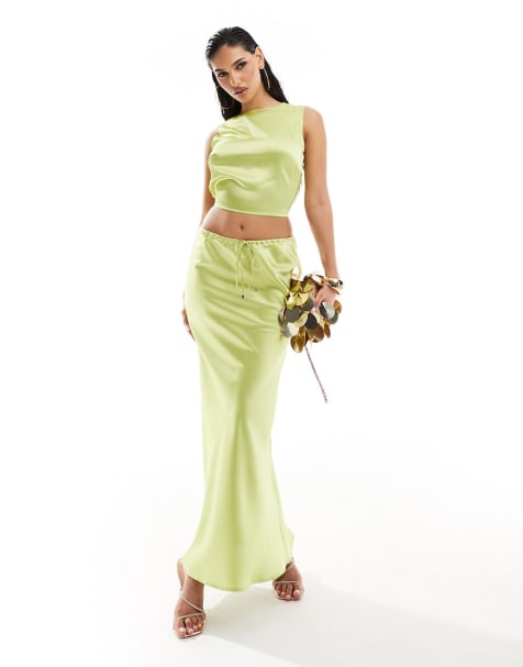 Kaiia satin high neck top and maxi skirt co-ord in lime - view 1