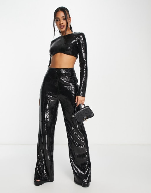 Kaiia sequin cropped top and wide leg pants set in black