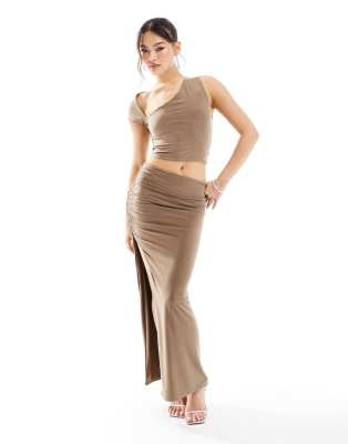 Kaiia slinky asymmetric top and maxi skirt set in light brown