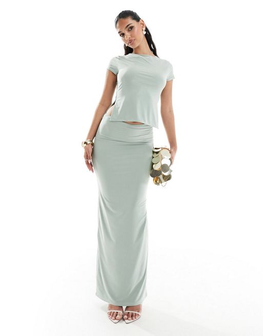 Kaiia slinky side split top and maxi skirt co-ord in sage