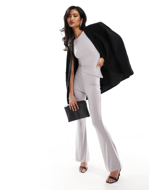 Kaiia slinky sleeveless top and flare trouser co-ord in light grey