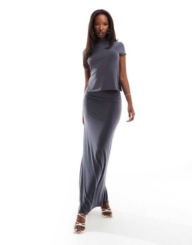 Kaiia - slinky t-shirt, bandeau top and maxi skirt co-ord in charcoal