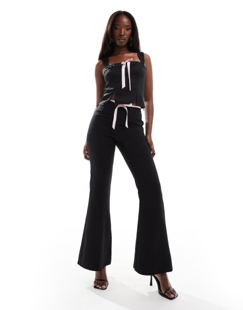 Kaiia square neck bow detail split front top and trousers co-ord in black - view 1