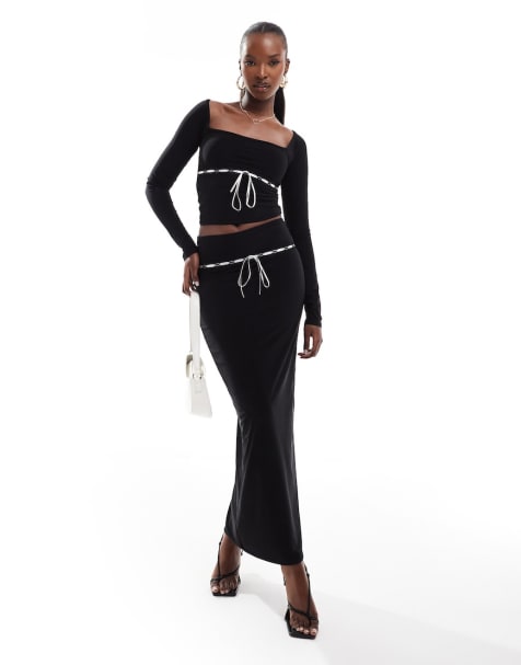 Kaiia square neck contrast bow detail long sleeve top and maxi skirt set in black - view 1