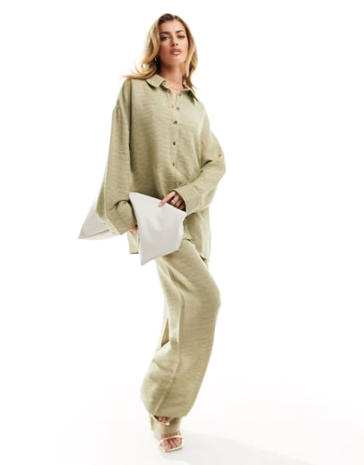 Kaiia textured split sleeve shirt and wide leg trousers co-ord in green