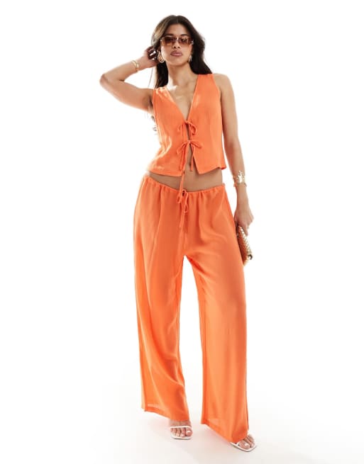 Kaiia tie front vest and wide leg pants set in orange