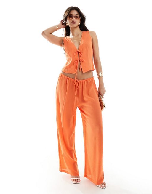 Kaiia tie front waistcoat and wide leg trouser co-ord in orange