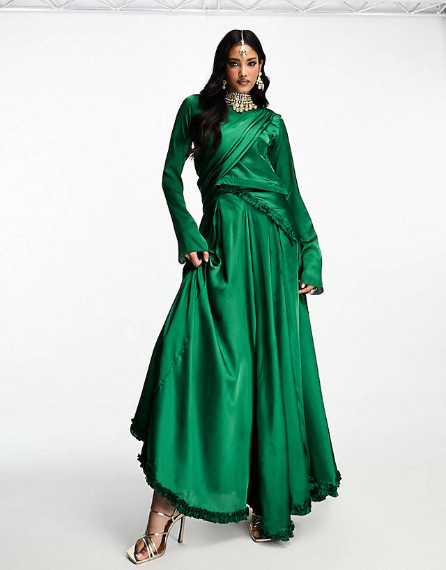 Kanya London - bridesmaid lehenga full flare frill skirt, scarf and crop top in em