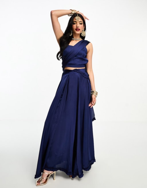 Kanya London Bridesmaid Lehenga full flare frill skirt, scarf and crop top in na