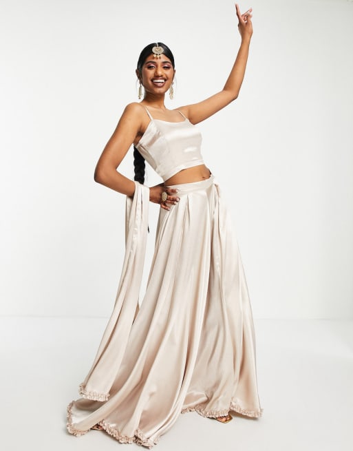 Kanya London - Bruidsmeisjes - Lehenga - Wijde uitlopende rok met ruches en dupatta-sjaal in zachte kleur 