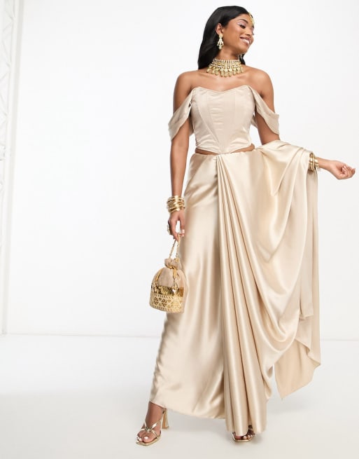 Kanya London - Coordinato da damigella con sari e top a corsetto color champagne