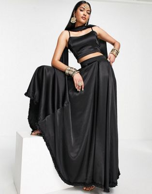 Kanya London Lehenga full flare frill skirt & dupatta scarf in black - BLACK