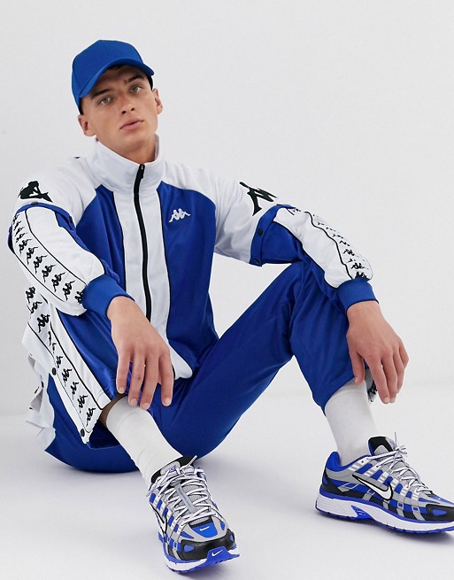 Kappa tracksuit with poppers and logo taping in blue/white