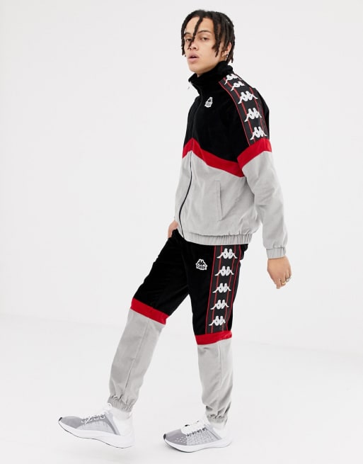 Kappa velvet track suit with logo taping in black & gray | ASOS