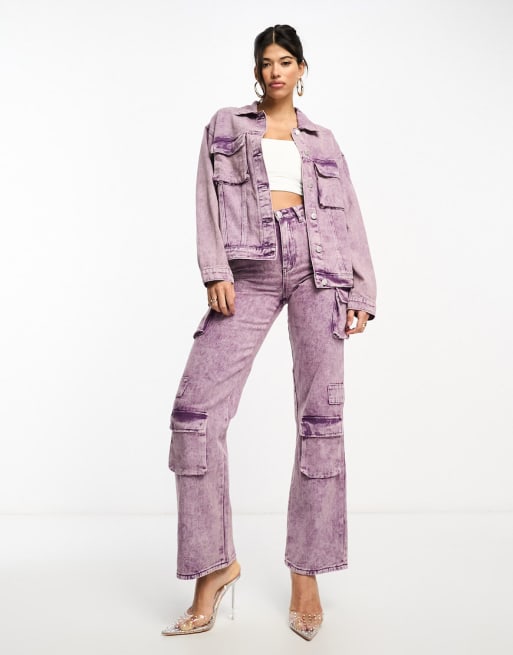 Kyo The Brand – Denim-Set aus Jacke mit Taschendetail und weit geschnittener Jeans in Metallic-Flieder