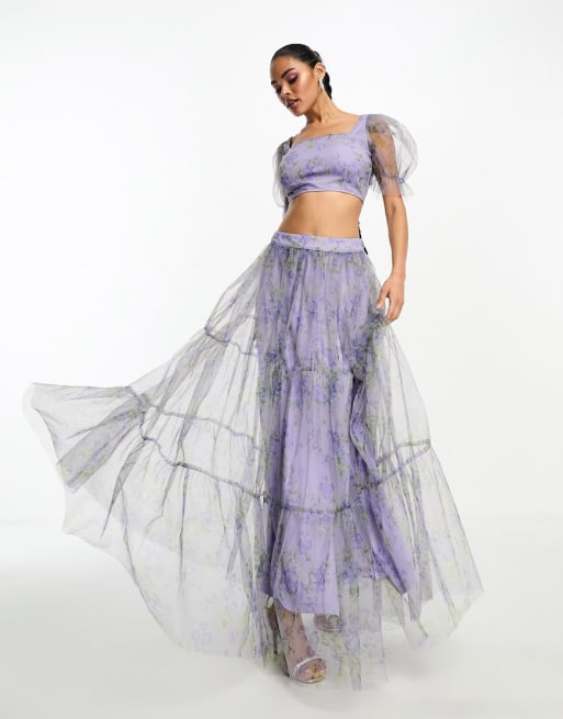 Lace & Beads organza crop top and maxi skirt set in lilac floral