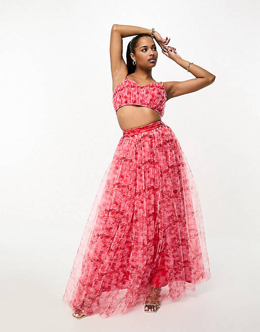 Lace & Beads Petite Exclusive crop top and tulle maxi skirt set in red