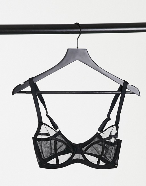 Lindex Ella M Cora sheer mesh bra with satin seam detail in black