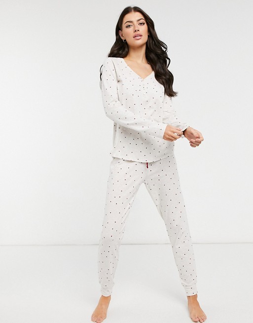 Lindex Jennie organic cotton button front pyjama top in beige heart print