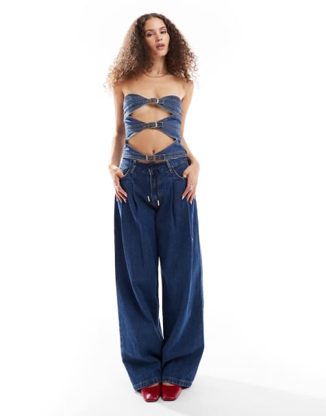 Lioness denim bandeau cut out corset top and baggy jeans set in dark blue - view 1