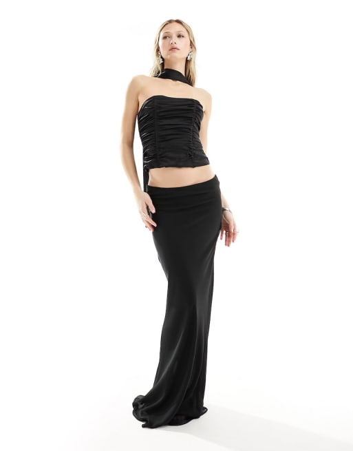 Lioness satin bandeau top and chiffon maxi skirt co-ord in black