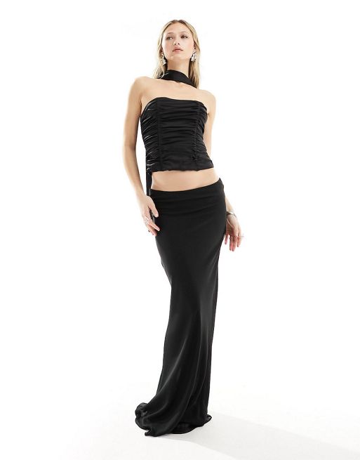 Lioness satin bandeau top and chiffon maxi skirt set in black
